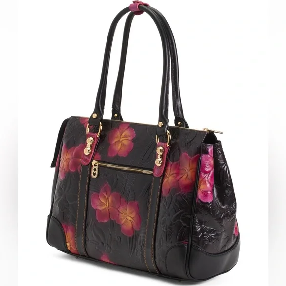 NWT-Marino Orlandi-Embossed Leather Satchel-Black-Tropical 🌺 Flowers-Italian 🇮🇹 - Picture 14 of 16